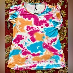 NWT PrinStory Colorful Tie Die Crew Neck Short Sleeve Top Size XL
